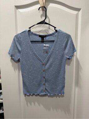 Forever 21 Light Blue Ribbed Button-Front V-Neck Top